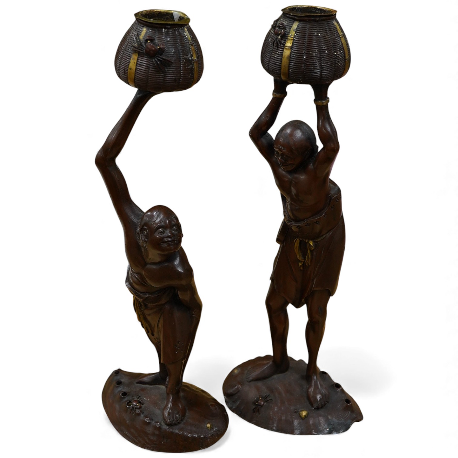 A pair of Japanese patinated metal figures of Ashinaga and Tenaga, Meiji period, 30cm